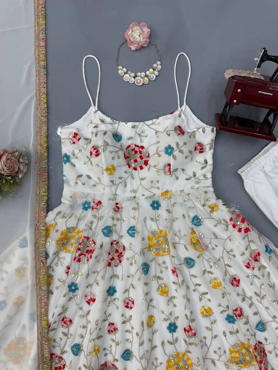 Floral Embroidered Faux Georgette Anarkali Set