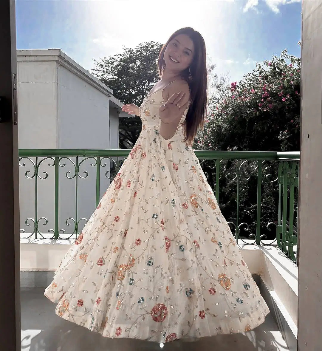 Floral Embroidered Faux Georgette Anarkali Set