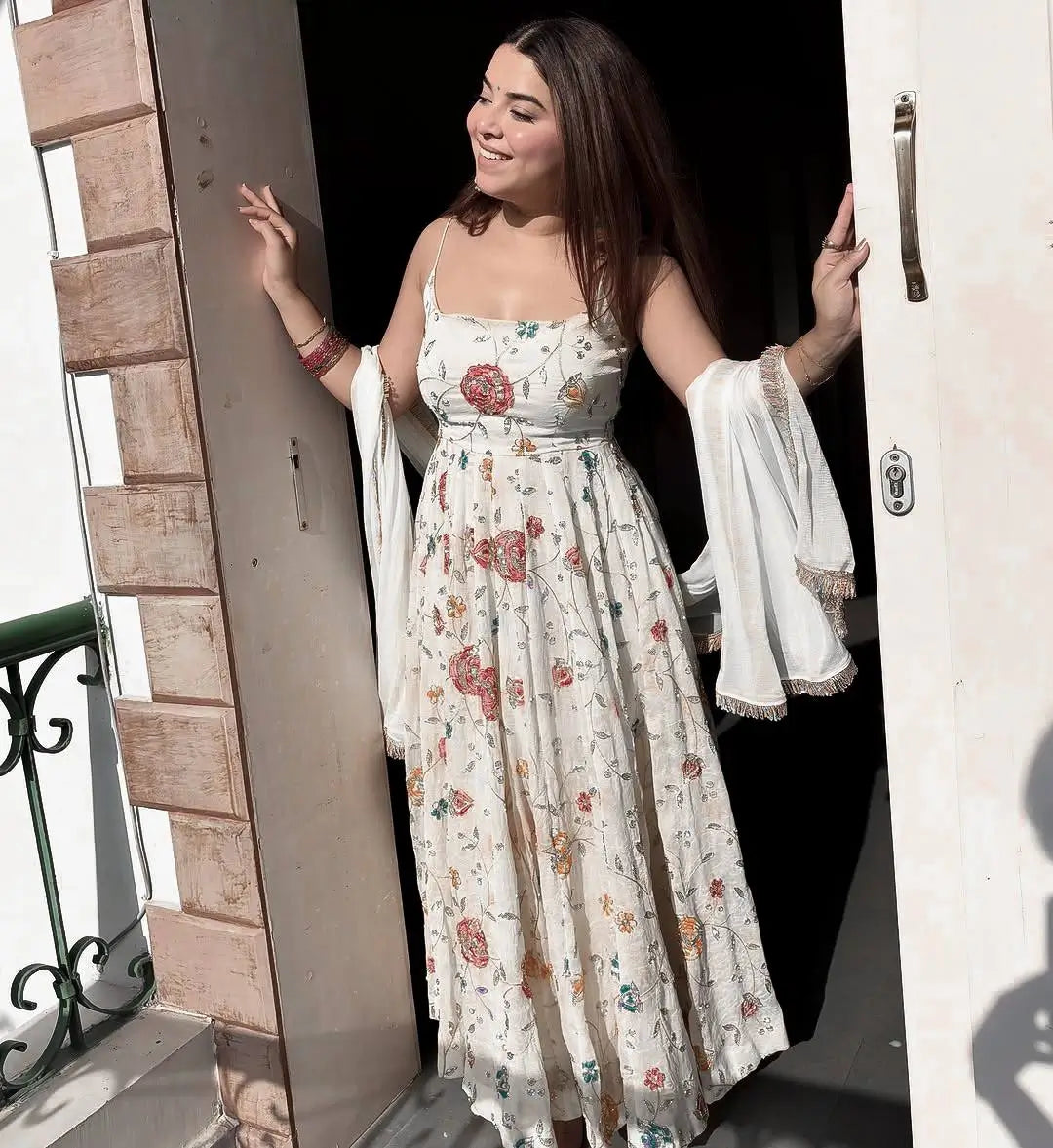 Floral Embroidered Faux Georgette Anarkali Set