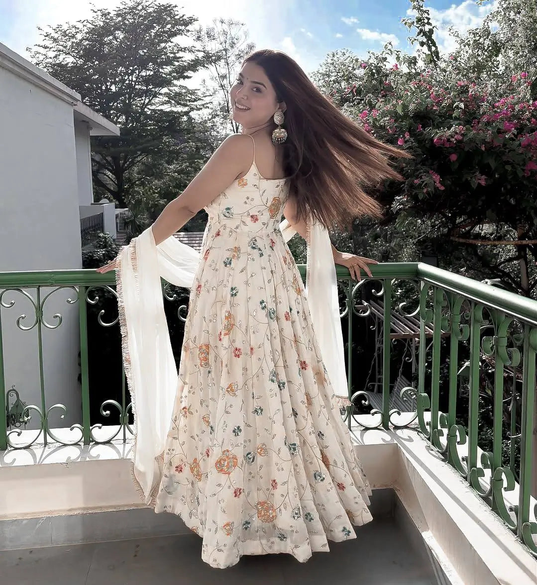 Floral Embroidered Faux Georgette Anarkali Set
