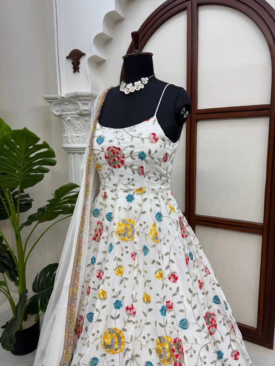 Floral Embroidered Faux Georgette Anarkali Set