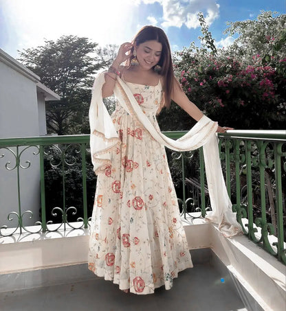 Floral Embroidered Faux Georgette Anarkali Set