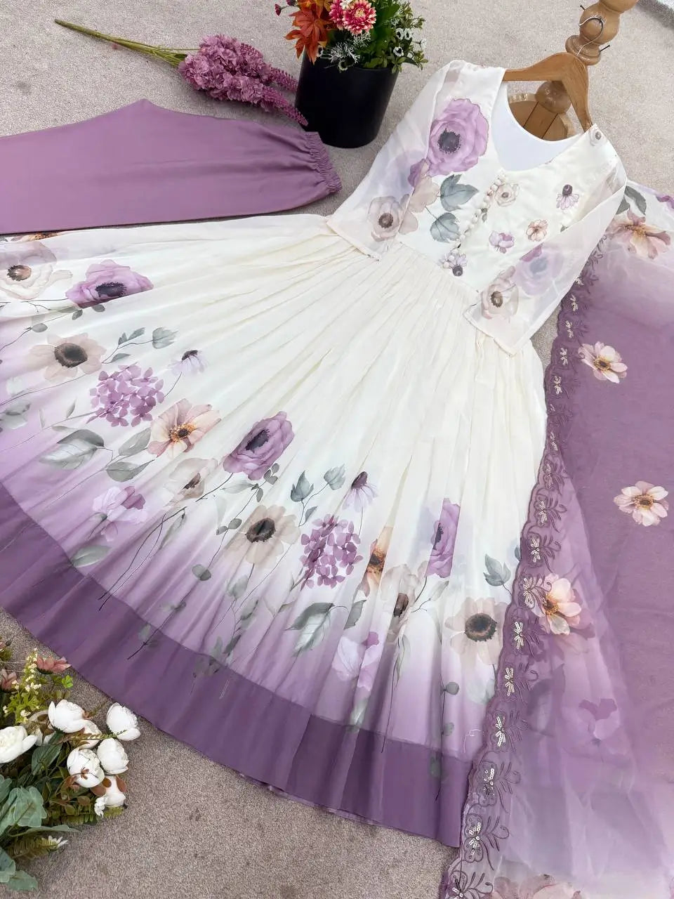 Floral Embroidered Faux Georgette Gown Set