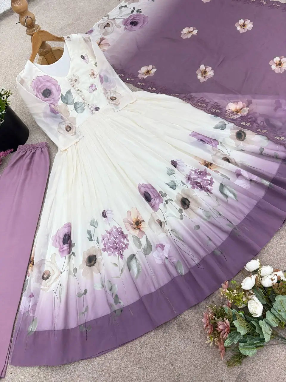 Floral Embroidered Faux Georgette Gown Set