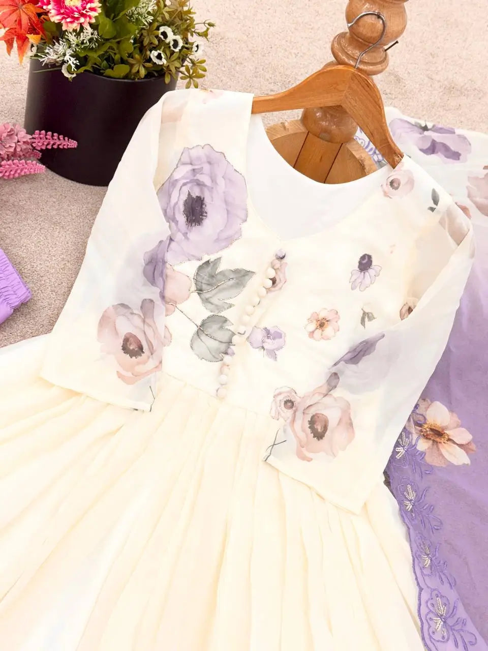 Floral Embroidered Faux Georgette Gown Set