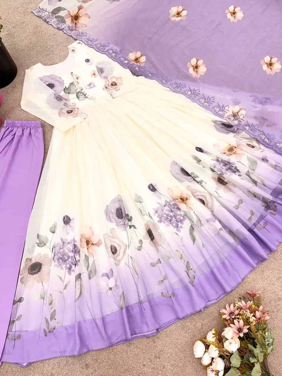 Floral Embroidered Faux Georgette Gown Set