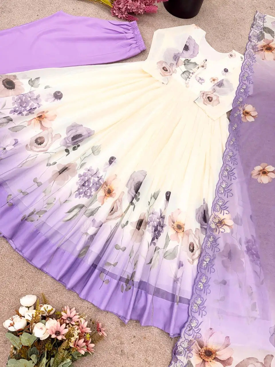 Floral Embroidered Faux Georgette Gown Set