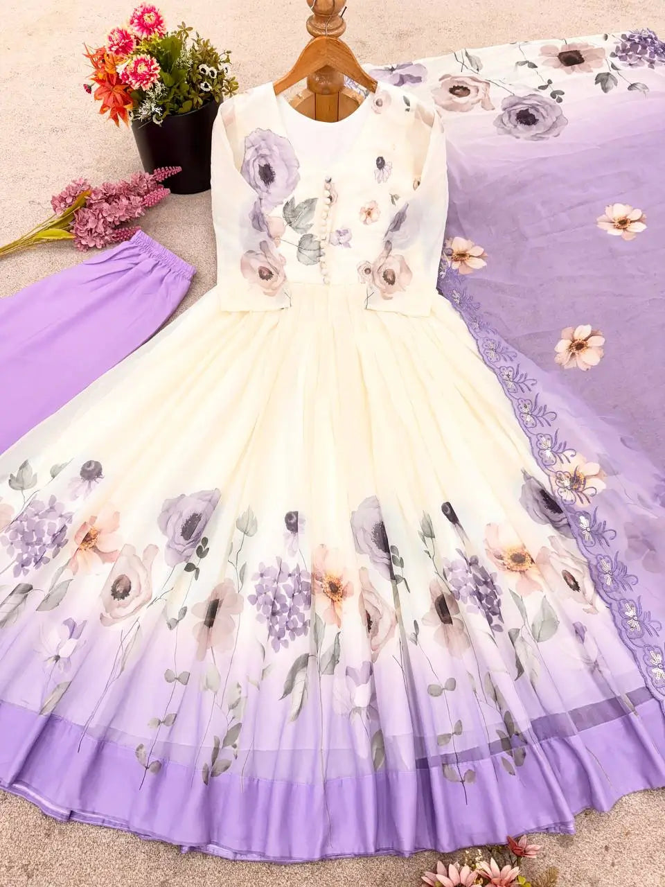 Floral Embroidered Faux Georgette Gown Set