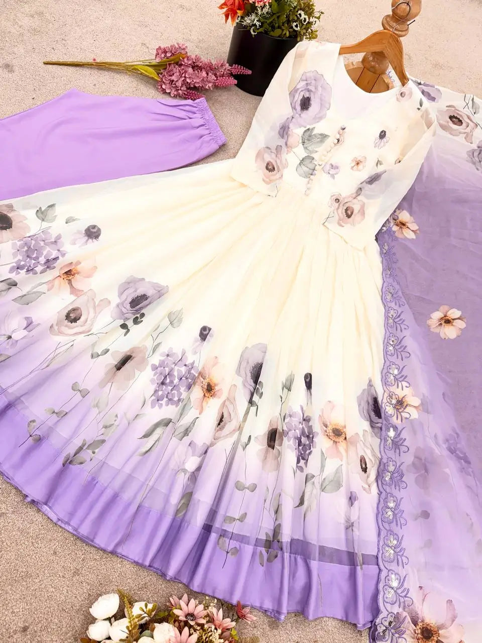 Floral Embroidered Faux Georgette Gown Set