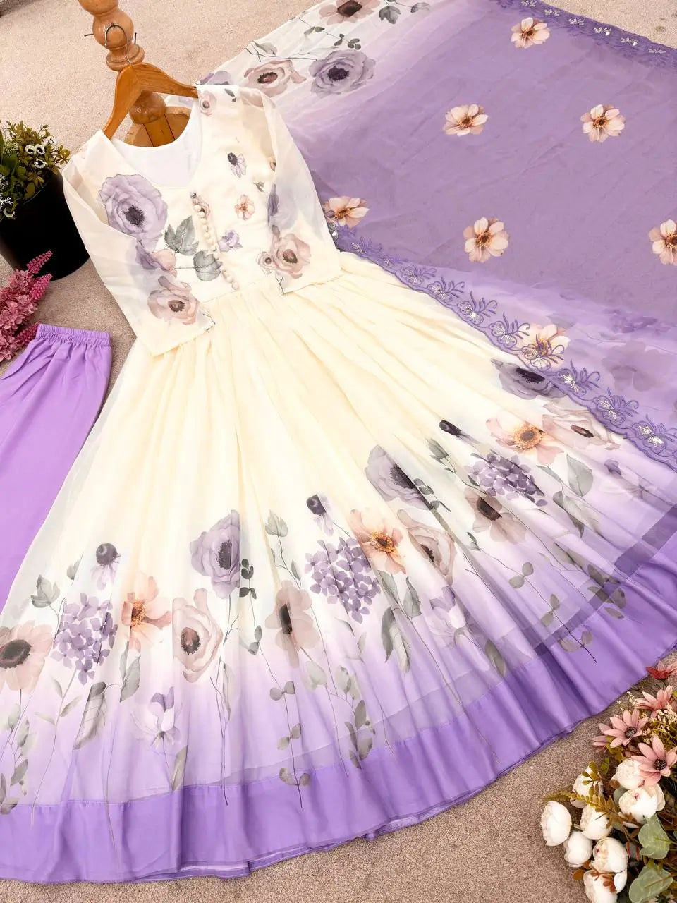 Floral Embroidered Faux Georgette Gown Set