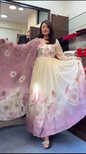 Floral Embroidered Faux Georgette Gown Set