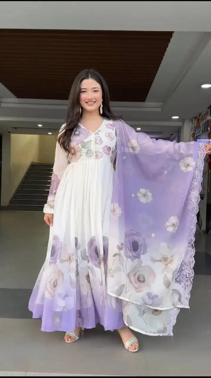 Floral Embroidered Faux Georgette Gown Set