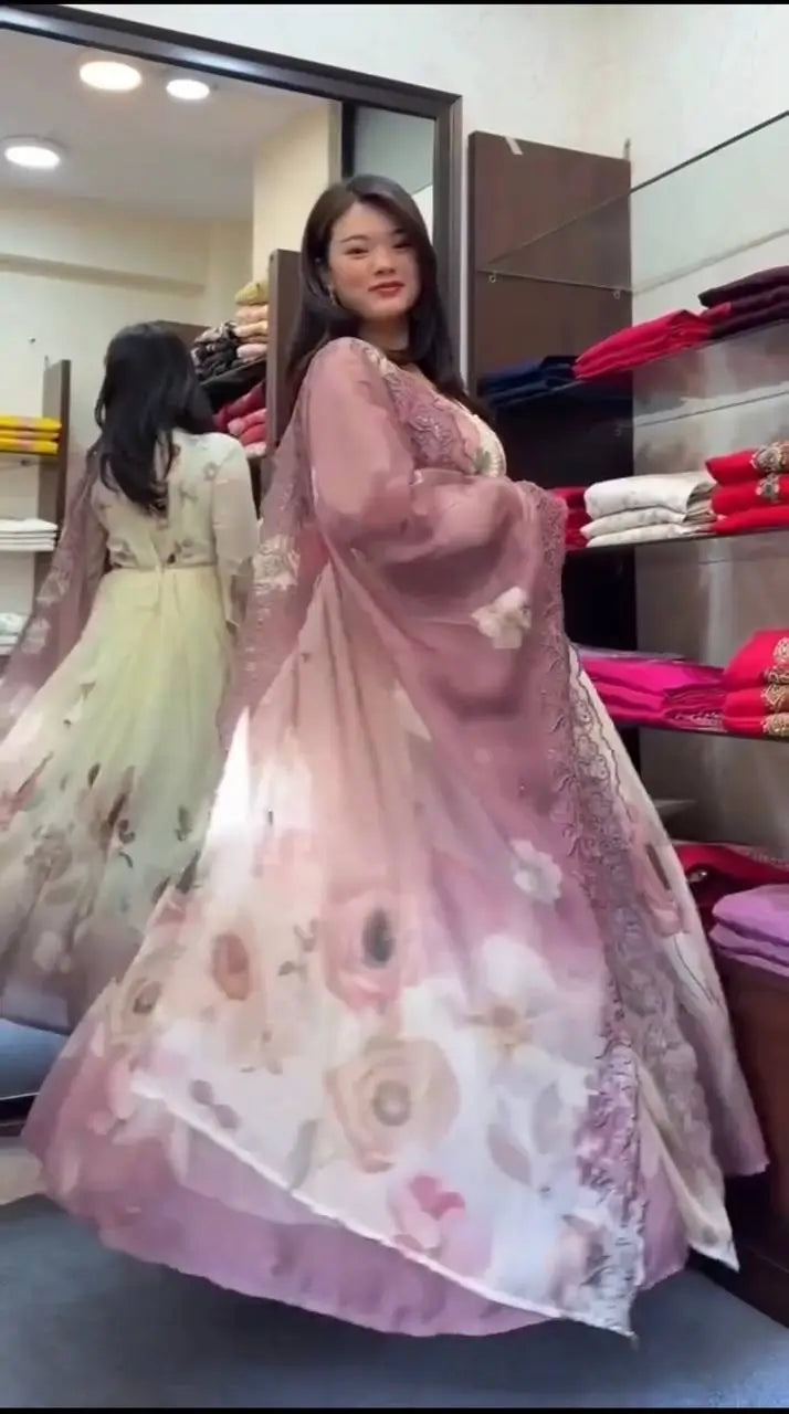 Floral Embroidered Faux Georgette Gown Set