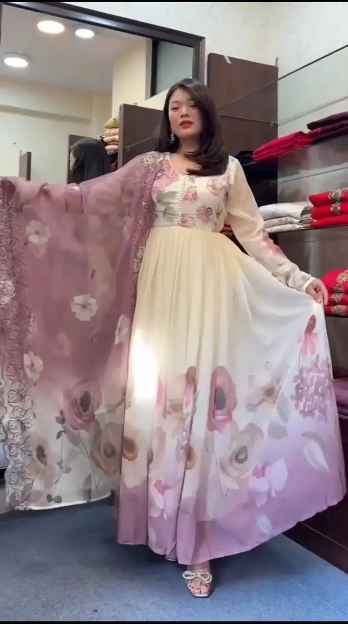 Floral Embroidered Faux Georgette Gown Set