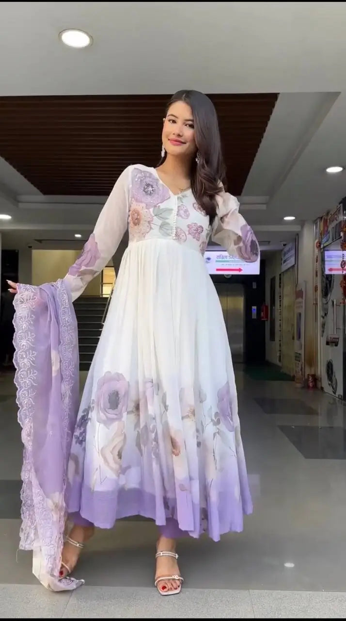 Floral Embroidered Faux Georgette Gown Set