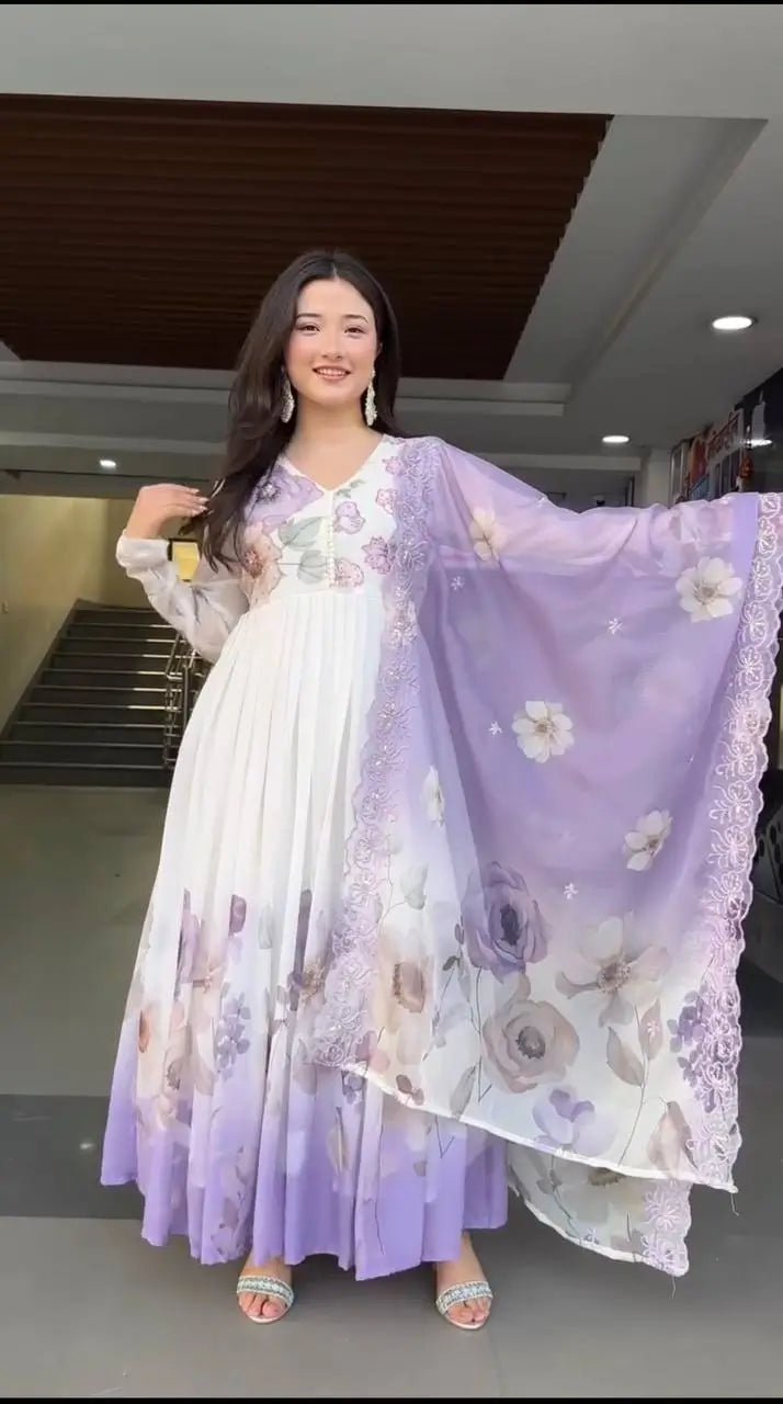 Floral Embroidered Faux Georgette Gown Set