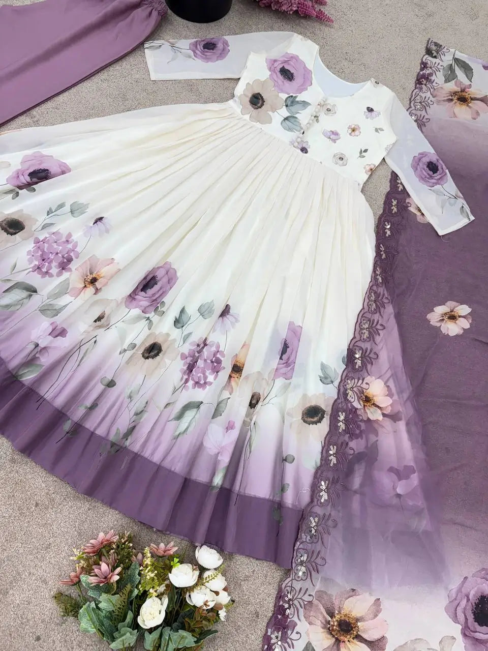 Floral Embroidered Faux Georgette Gown Set