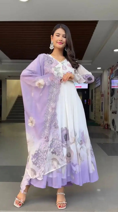 Floral Embroidered Faux Georgette Gown Set