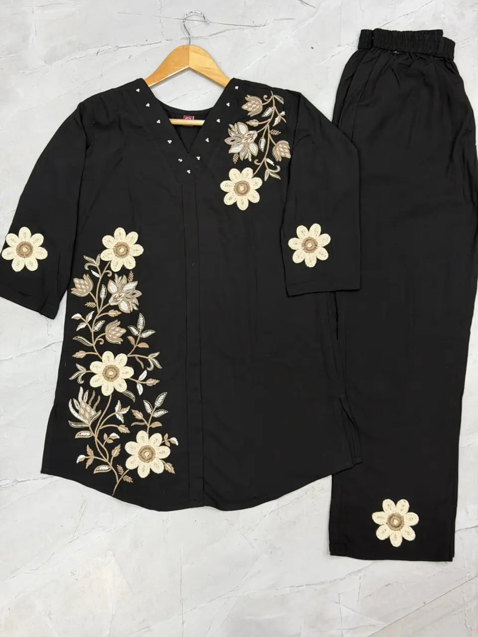 Floral Embroidered Rayon Co-ord