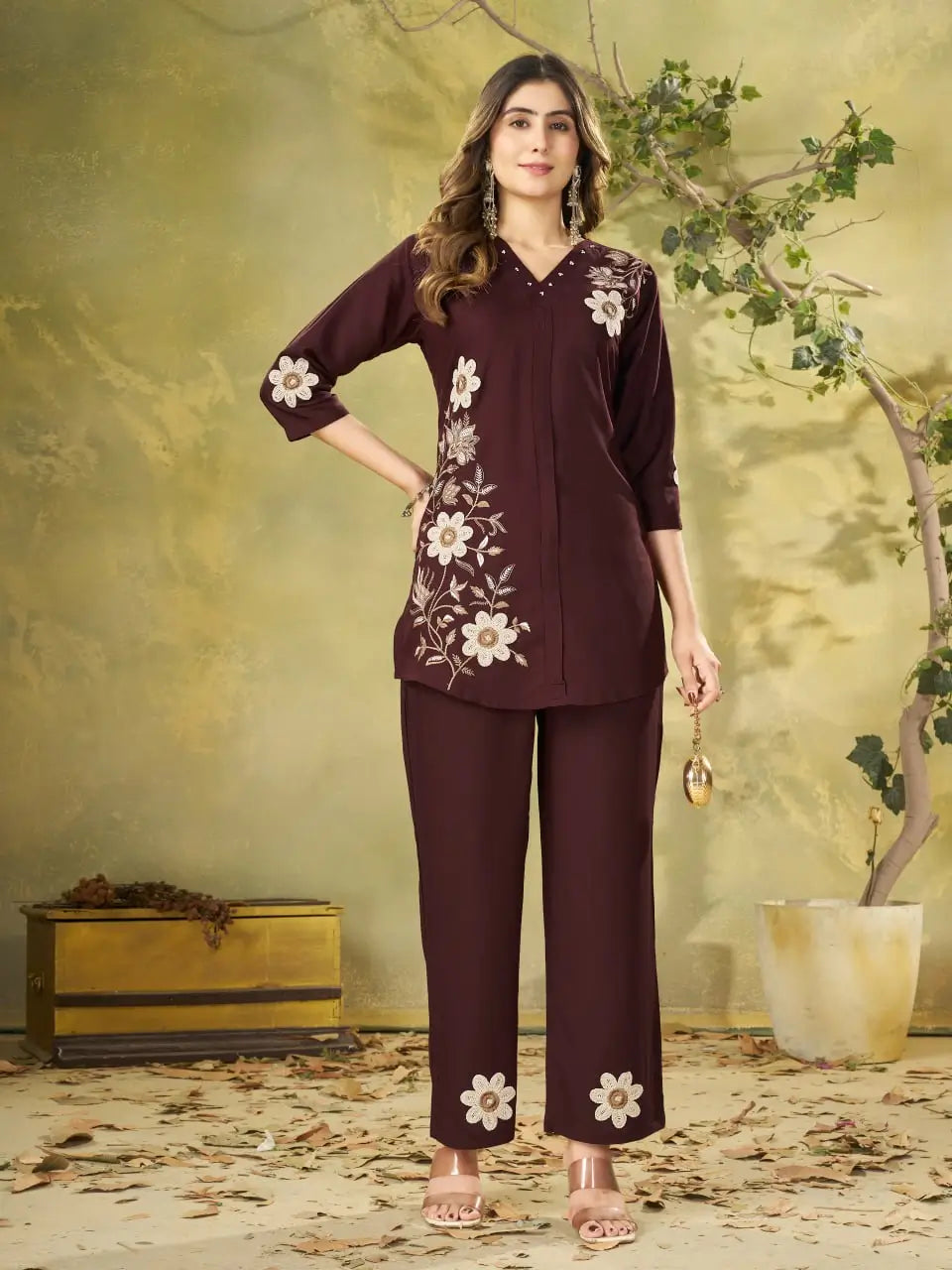 Floral Embroidered Rayon Co-ord