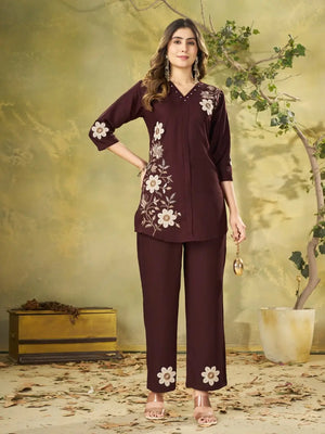Floral Embroidered Rayon Co-ord