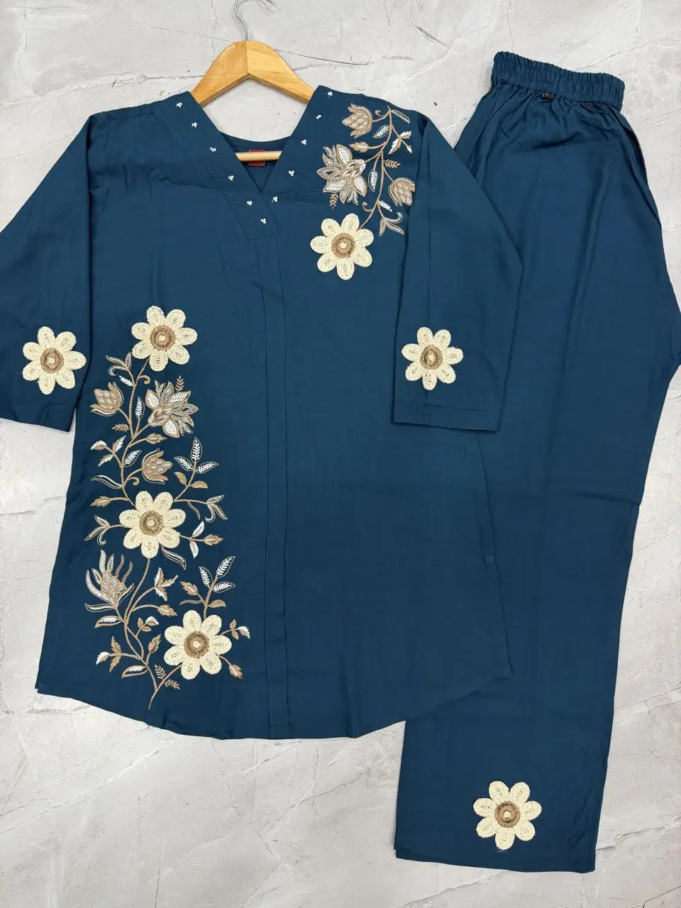Floral Embroidered Rayon Co-ord