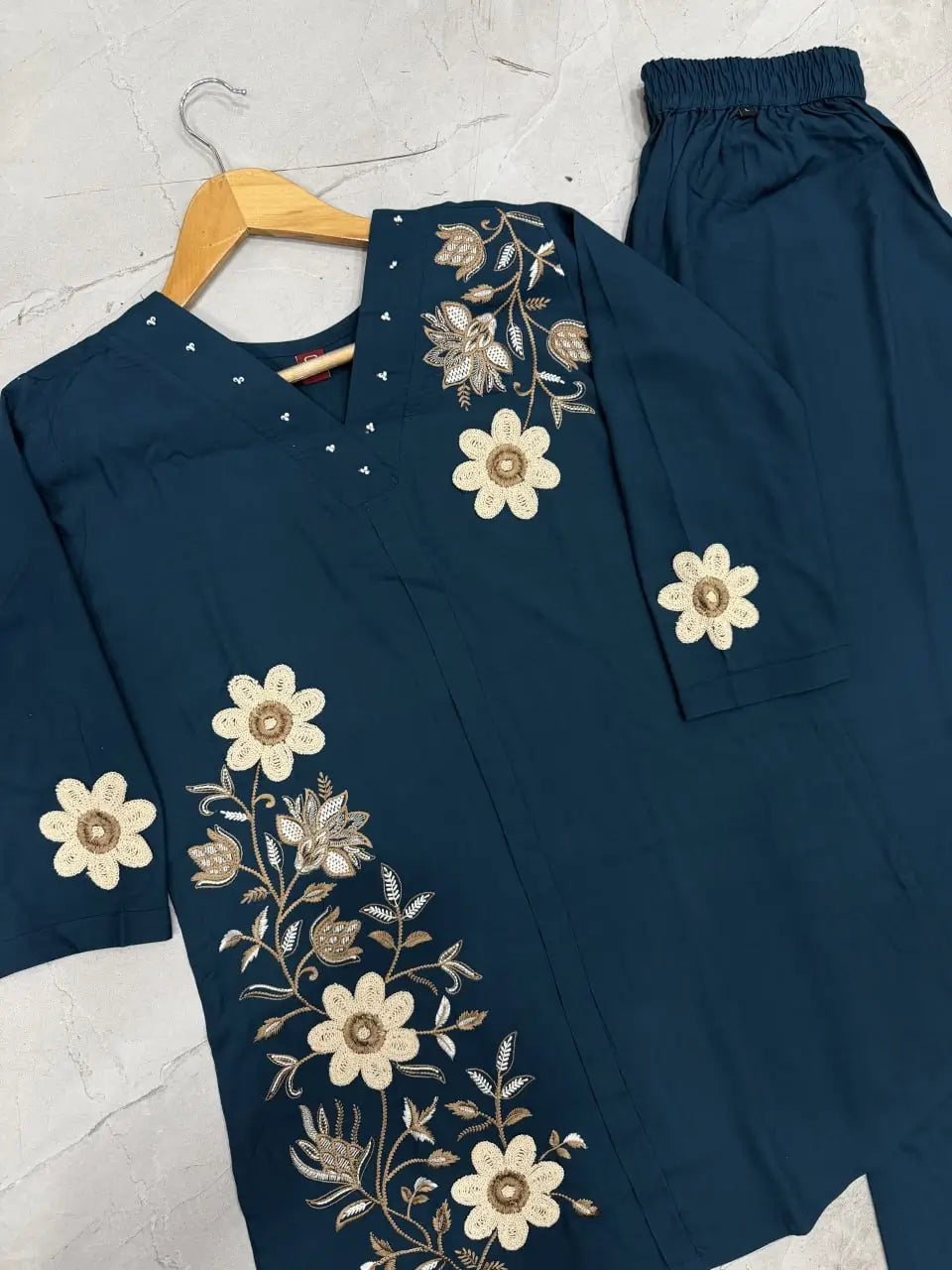 Floral Embroidered Rayon Co-ord