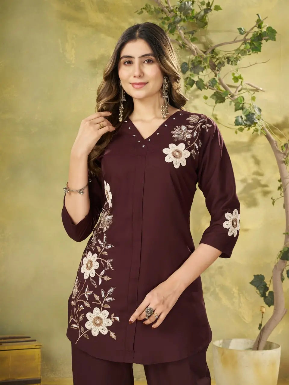 Floral Embroidered Rayon Co-ord