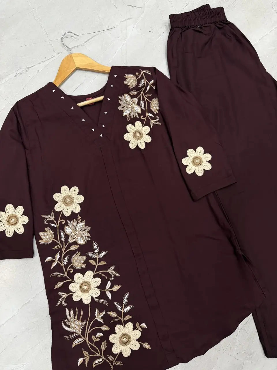 Floral Embroidered Rayon Co-ord
