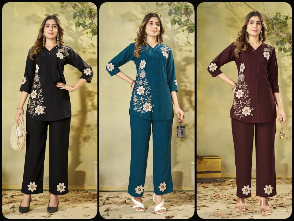 Floral Embroidered Rayon Co-ord