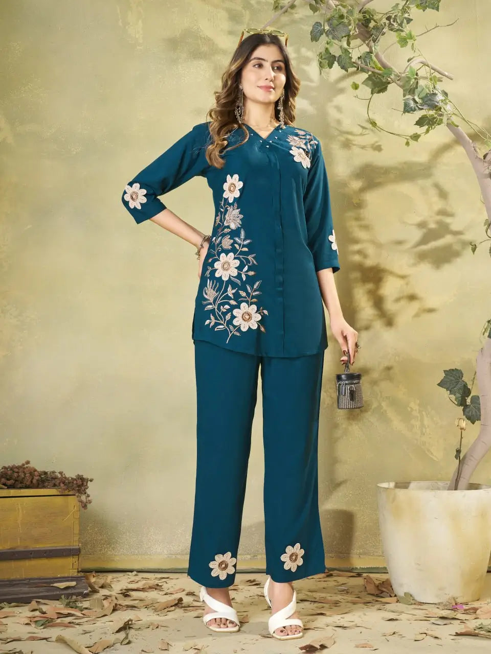 Floral Embroidered Rayon Co-ord