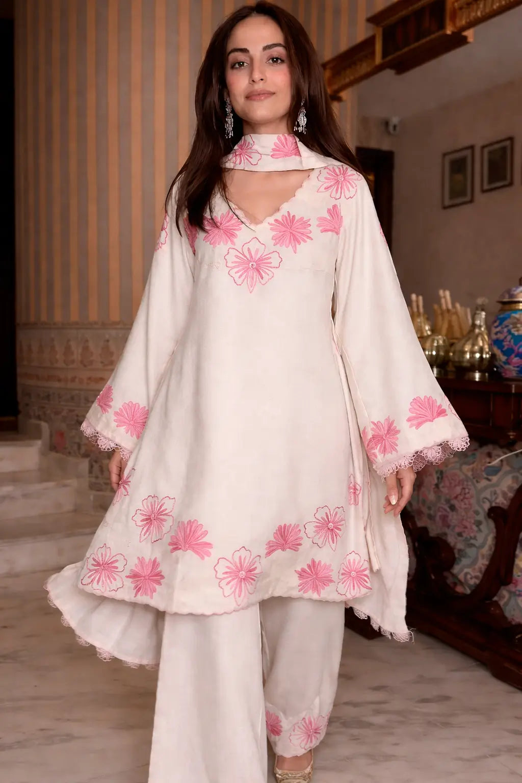 Floral Embroidered Satin Kurta Set with Farshi Palazzo for Festive and Day Wear