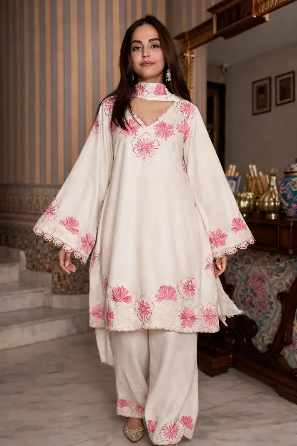 Floral Embroidered Satin Kurta Set with Farshi Palazzo for Festive and Day Wear