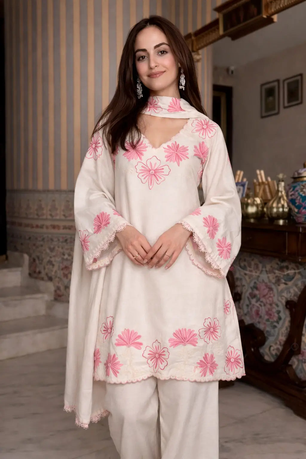 Floral Embroidered Satin Kurta Set with Farshi Palazzo for Festive and Day Wear