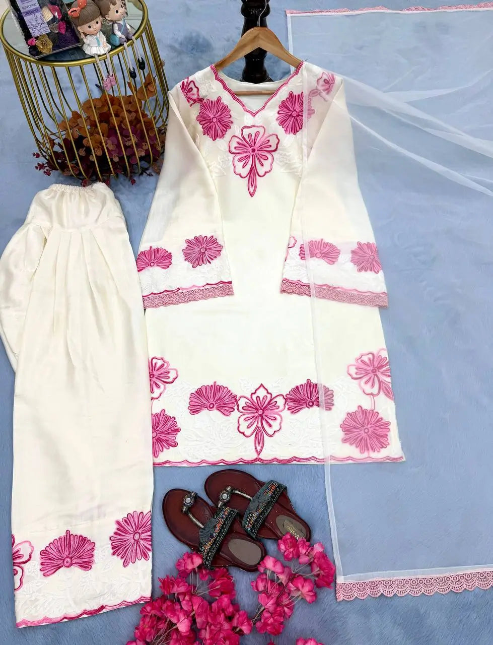 Floral Embroidered Satin Kurta Set with Farshi Palazzo for Festive and Day Wear