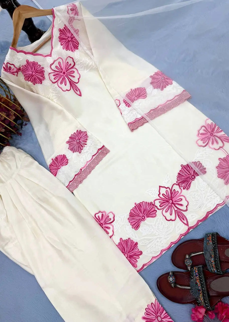 Floral Embroidered Satin Kurta Set with Farshi Palazzo for Festive and Day Wear