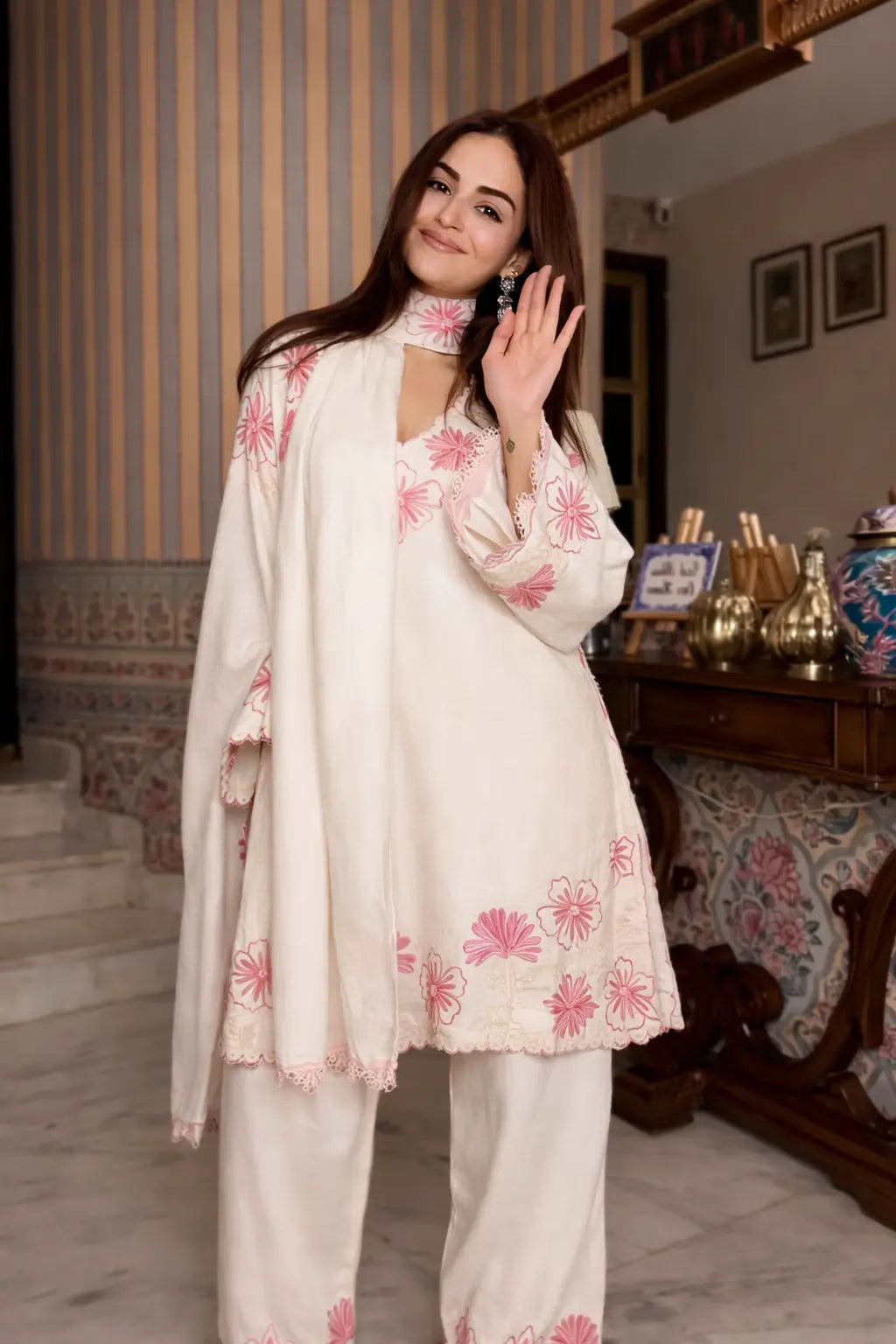 Floral Embroidered Satin Kurta Set with Farshi Palazzo for Festive and Day Wear