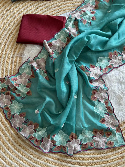 Floral Embroidery Border Kota Saree