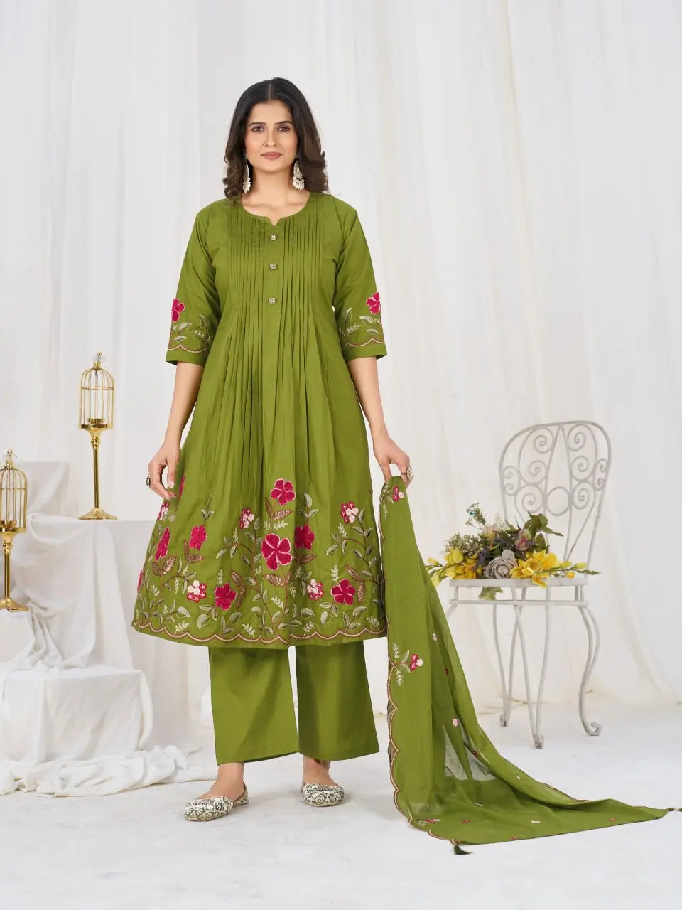 Floral Embroidery Pintuck Anarkali Set