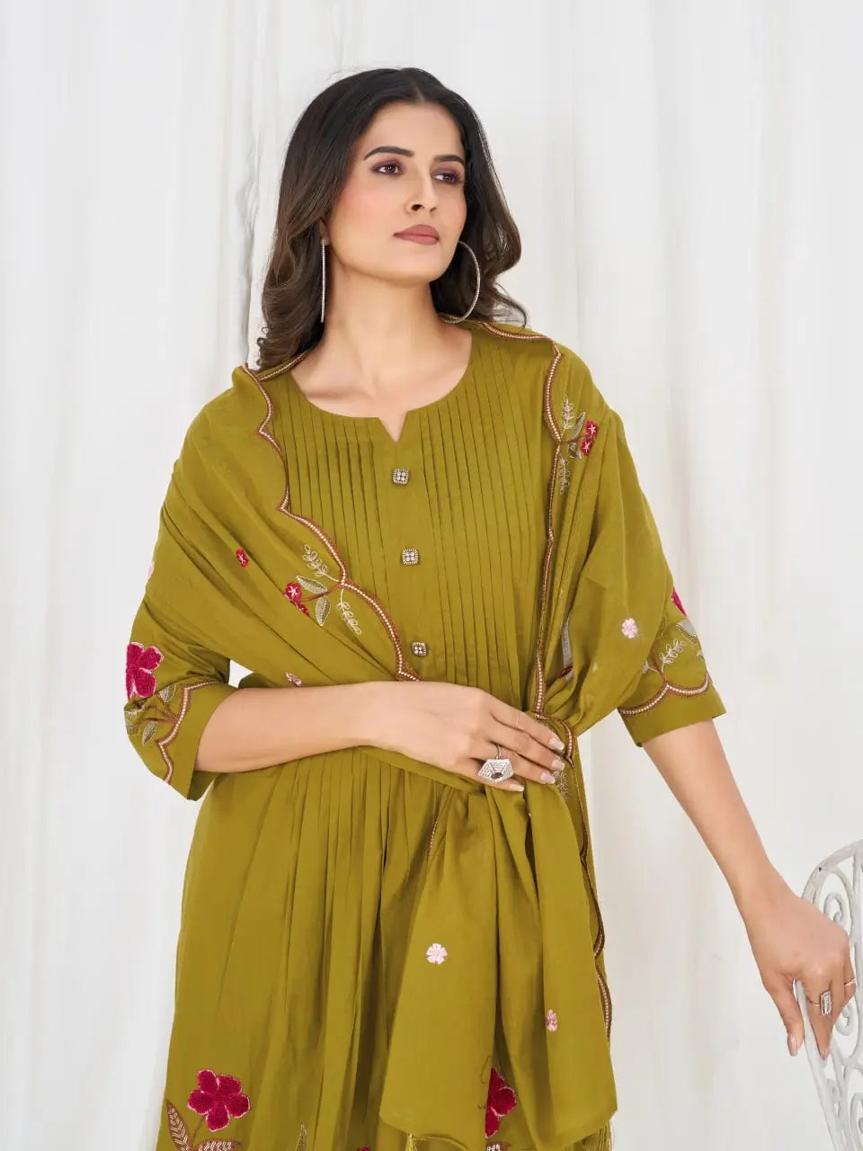 Floral Embroidery Pintuck Anarkali Set