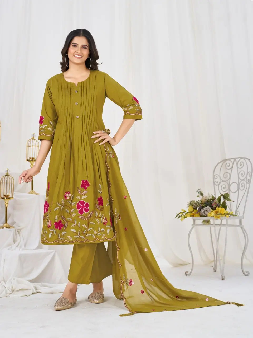 Floral Embroidery Pintuck Anarkali Set