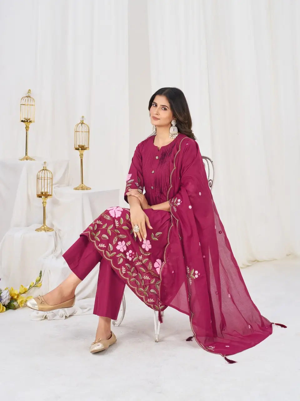 Floral Embroidery Pintuck Anarkali Set