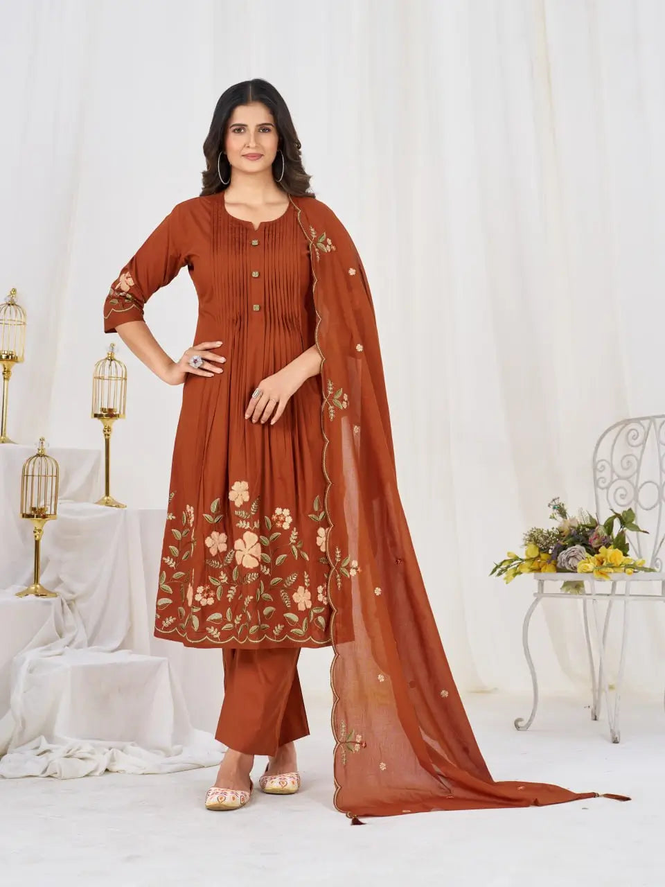 Floral Embroidery Pintuck Anarkali Set