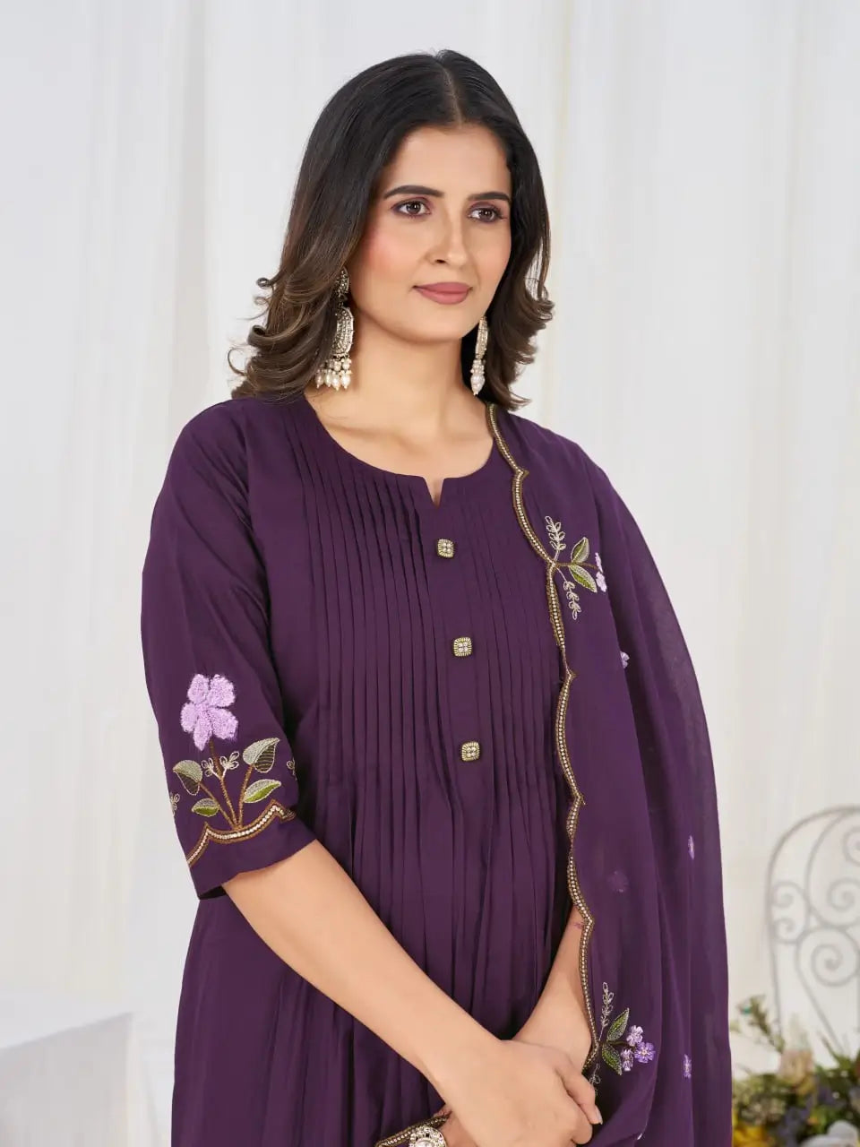 Floral Embroidery Pintuck Anarkali Set