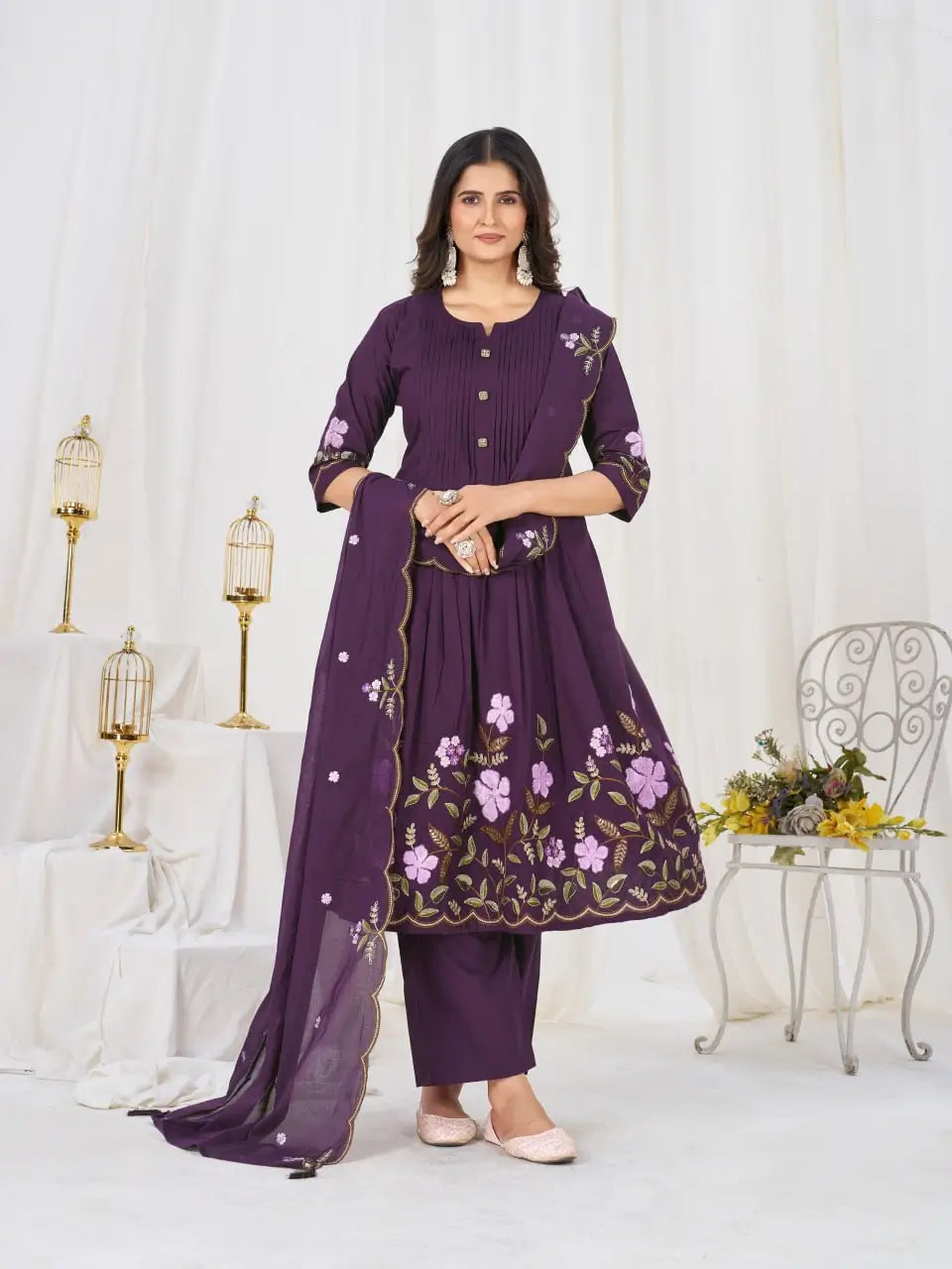 Floral Embroidery Pintuck Anarkali Set