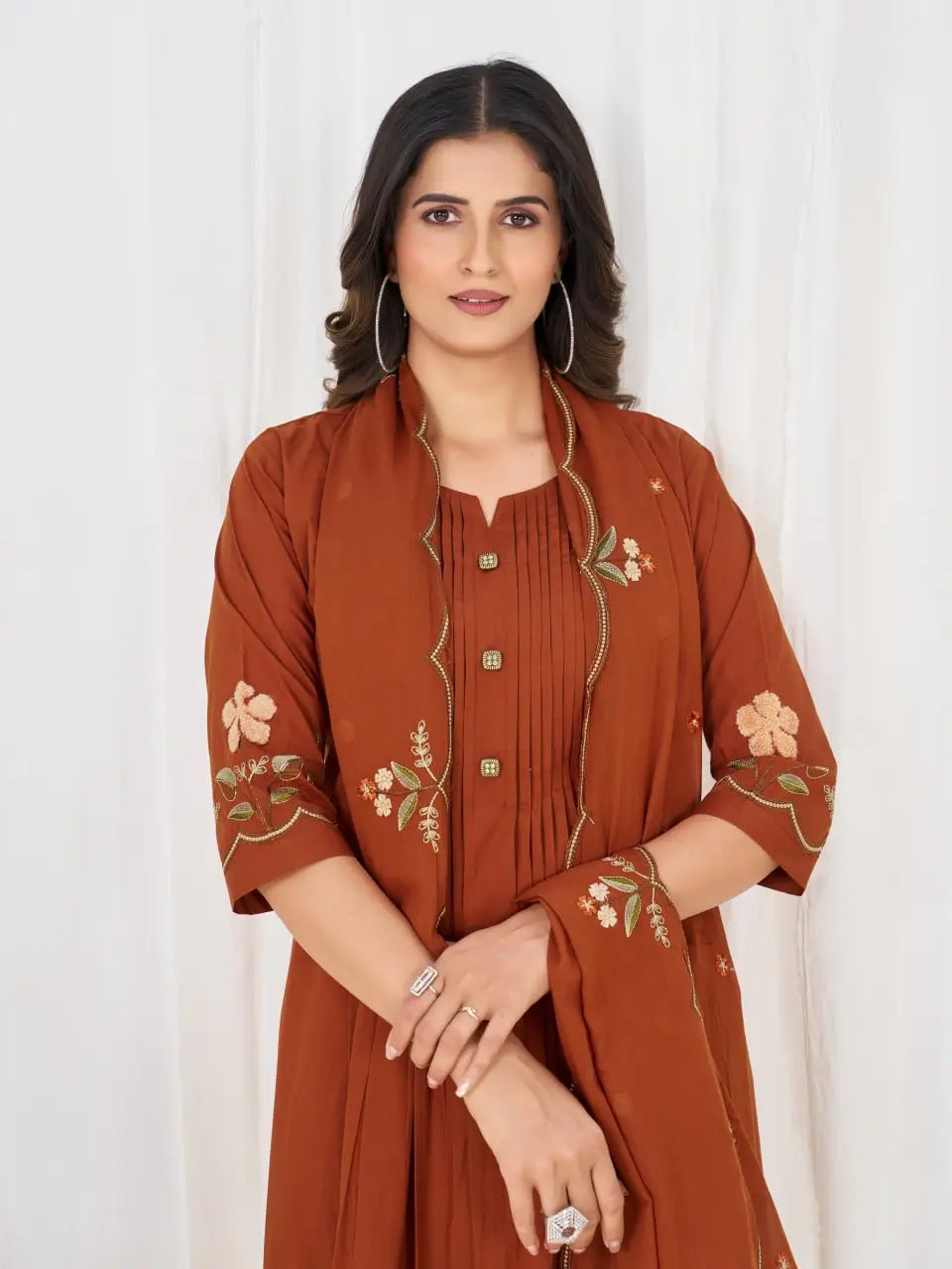 Floral Embroidery Pintuck Anarkali Set