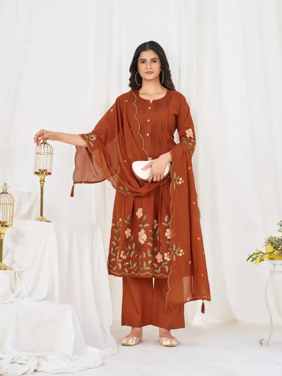 Floral Embroidery Pintuck Anarkali Set