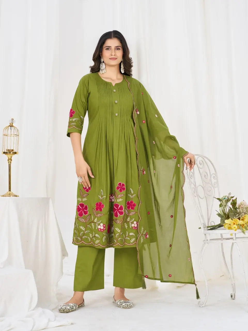 Floral Embroidery Pintuck Anarkali Set