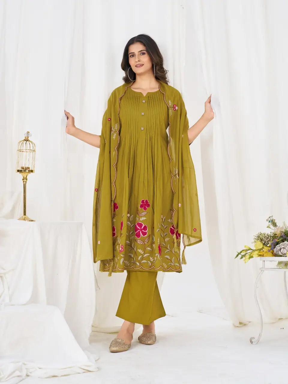 Floral Embroidery Pintuck Anarkali Set