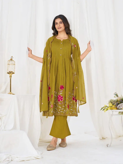 Floral Embroidery Pintuck Anarkali Set
